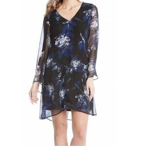 Karen Kane Midnight Sun Chiffon Dress Sheer Lined Blue Floral Dress Size S